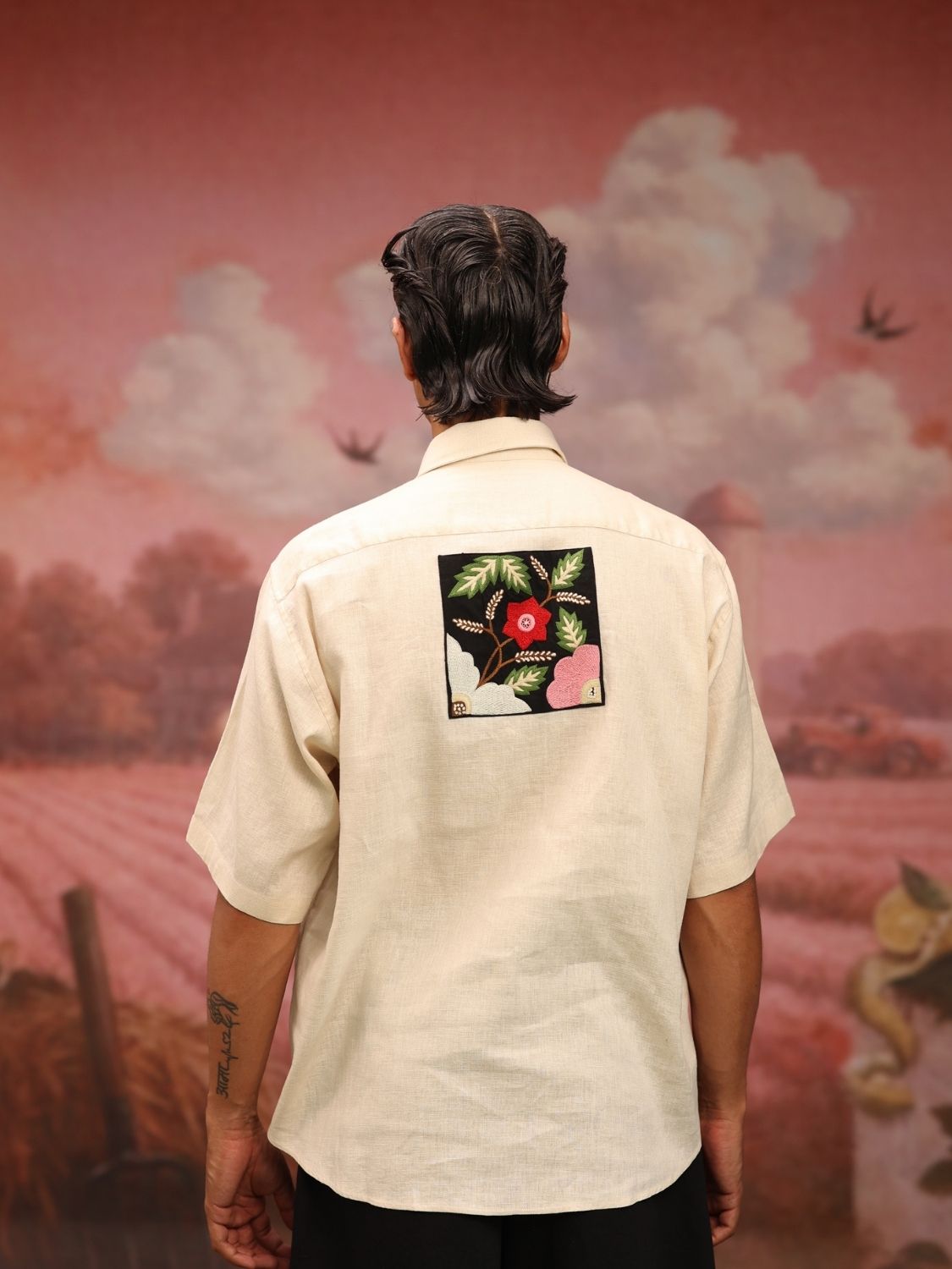 Winglore - Cream Bold Black Patch Hand Embroiderd Pure Linen Oversized Shirt - CiceroniUnisex ShirtsWinglore
