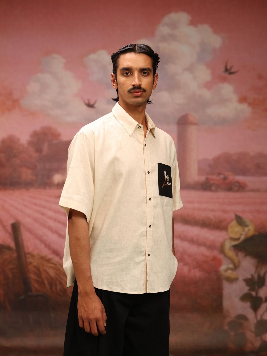 Winglore - Cream Bold Black Patch Hand Embroiderd Pure Linen Oversized Shirt - CiceroniUnisex ShirtsWinglore