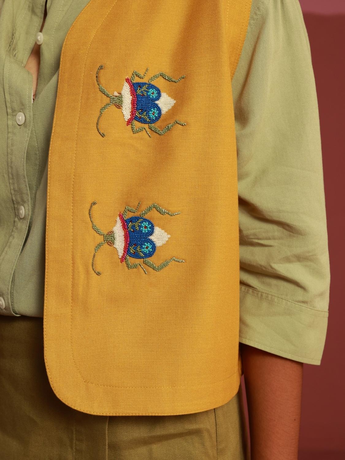 Winglore - Golden Yellow Bug Me Not Hand Embroidered Gilet - CiceroniJacketsWinglore