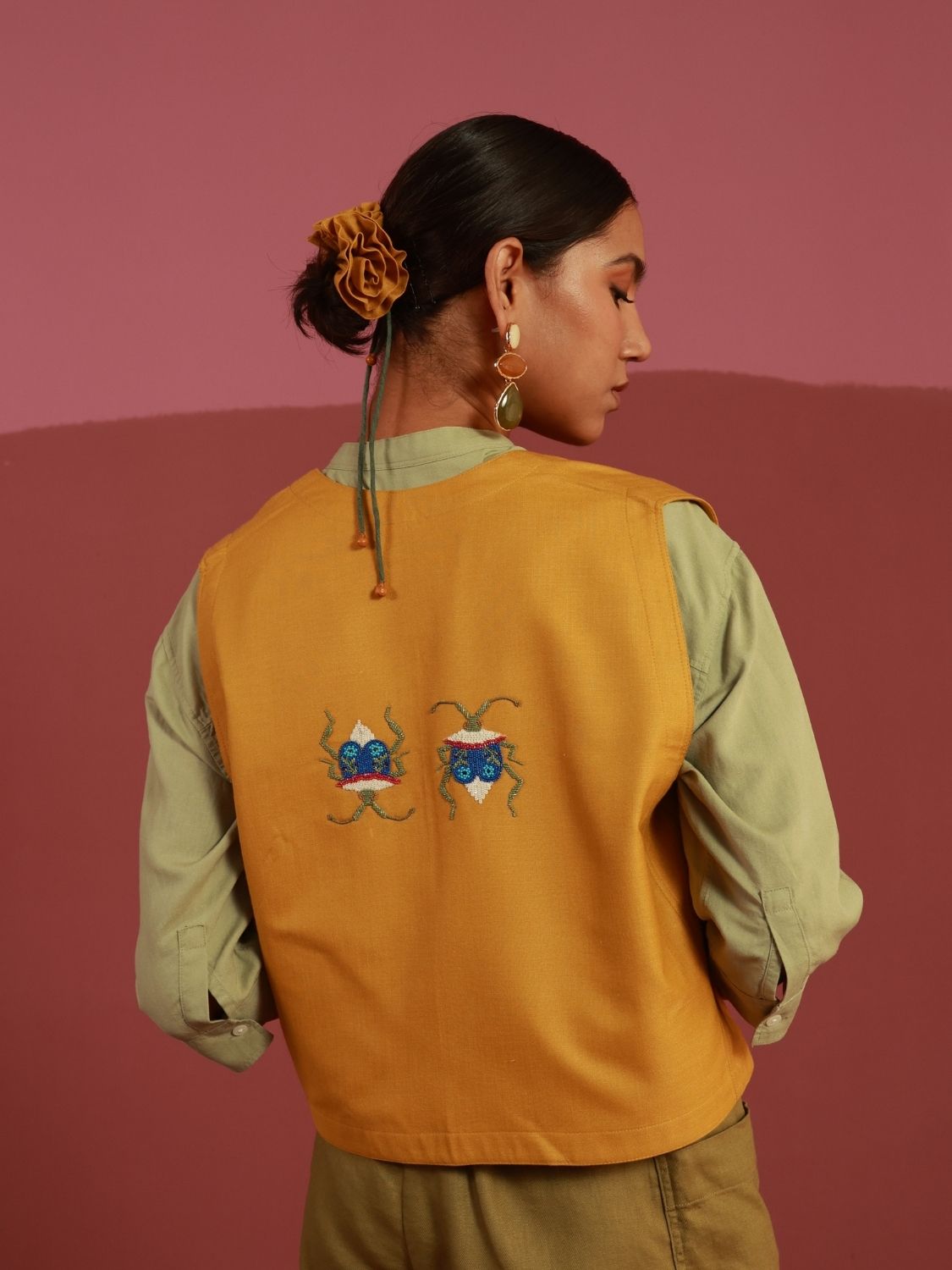 Winglore - Golden Yellow Bug Me Not Hand Embroidered Gilet - CiceroniJacketsWinglore