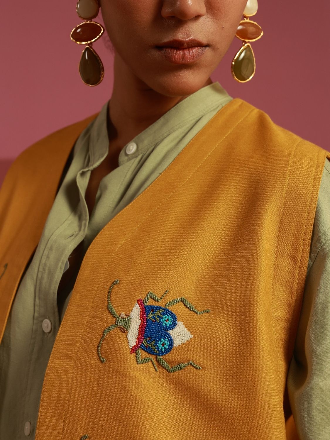 Winglore - Golden Yellow Bug Me Not Hand Embroidered Gilet - CiceroniJacketsWinglore