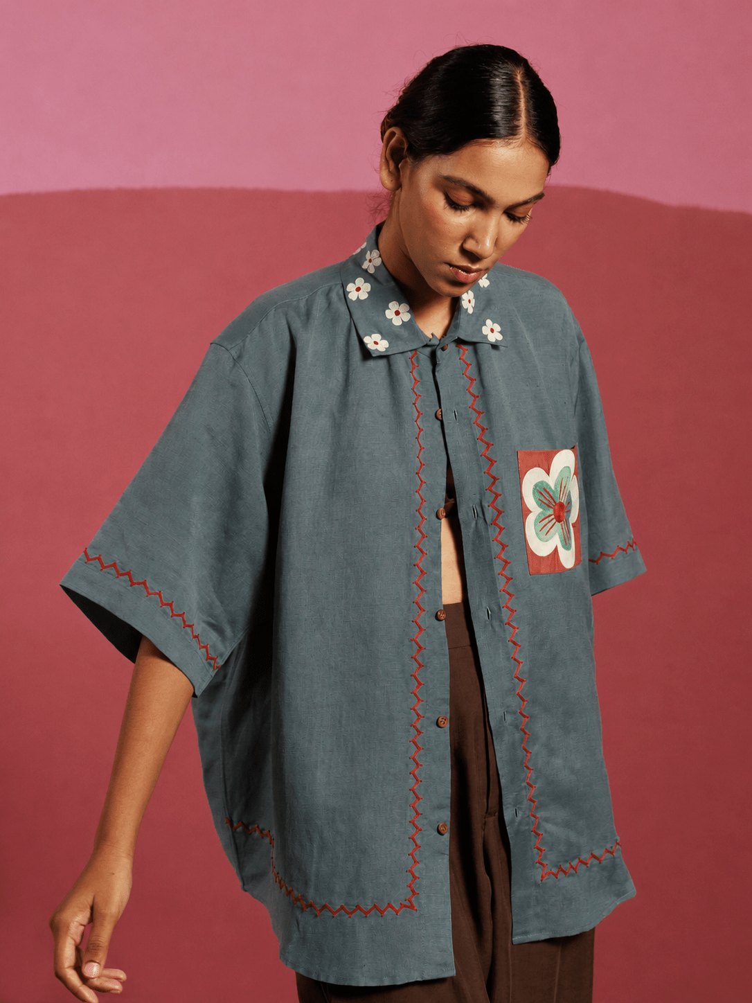 Winglore - Gray Teal Flower Patch Hand Embroiderd Pure Linen Oversized Shirt - CiceroniUnisex ShirtsWinglore