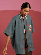 Winglore - Gray Teal Flower Patch Hand Embroiderd Pure Linen Oversized Shirt - CiceroniUnisex ShirtsWinglore