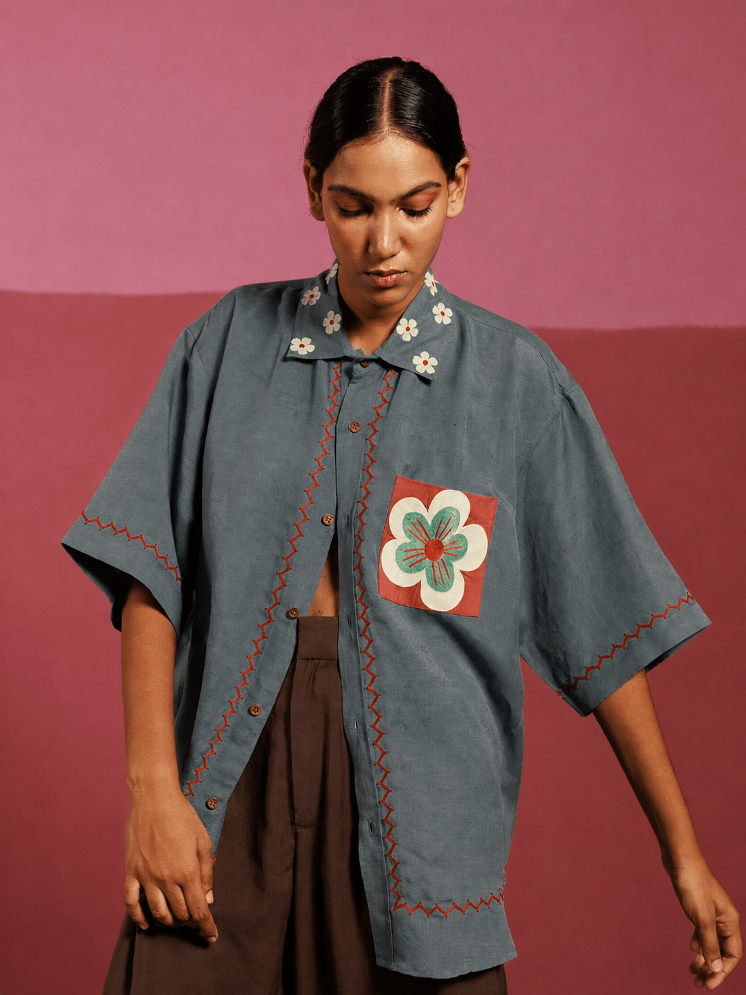 Winglore - Gray Teal Flower Patch Hand Embroiderd Pure Linen Oversized Shirt - CiceroniUnisex ShirtsWinglore