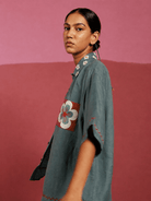 Winglore - Gray Teal Flower Patch Hand Embroiderd Pure Linen Oversized Shirt - CiceroniUnisex ShirtsWinglore