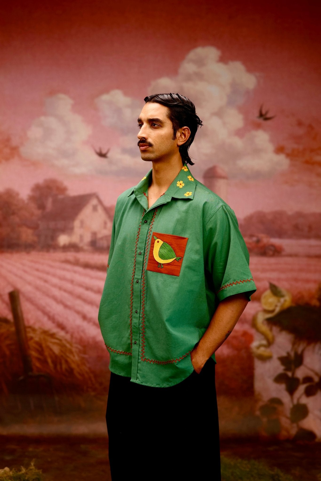 Winglore - Green Hand Embroiderd Pure Linen Birdy Oversized Shirt - CiceroniUnisex ShirtsWinglore