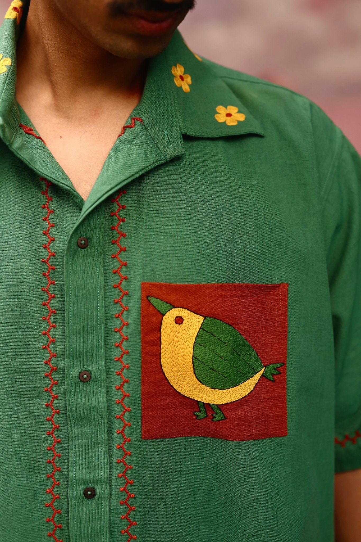 Winglore - Green Hand Embroiderd Pure Linen Birdy Oversized Shirt - CiceroniUnisex ShirtsWinglore