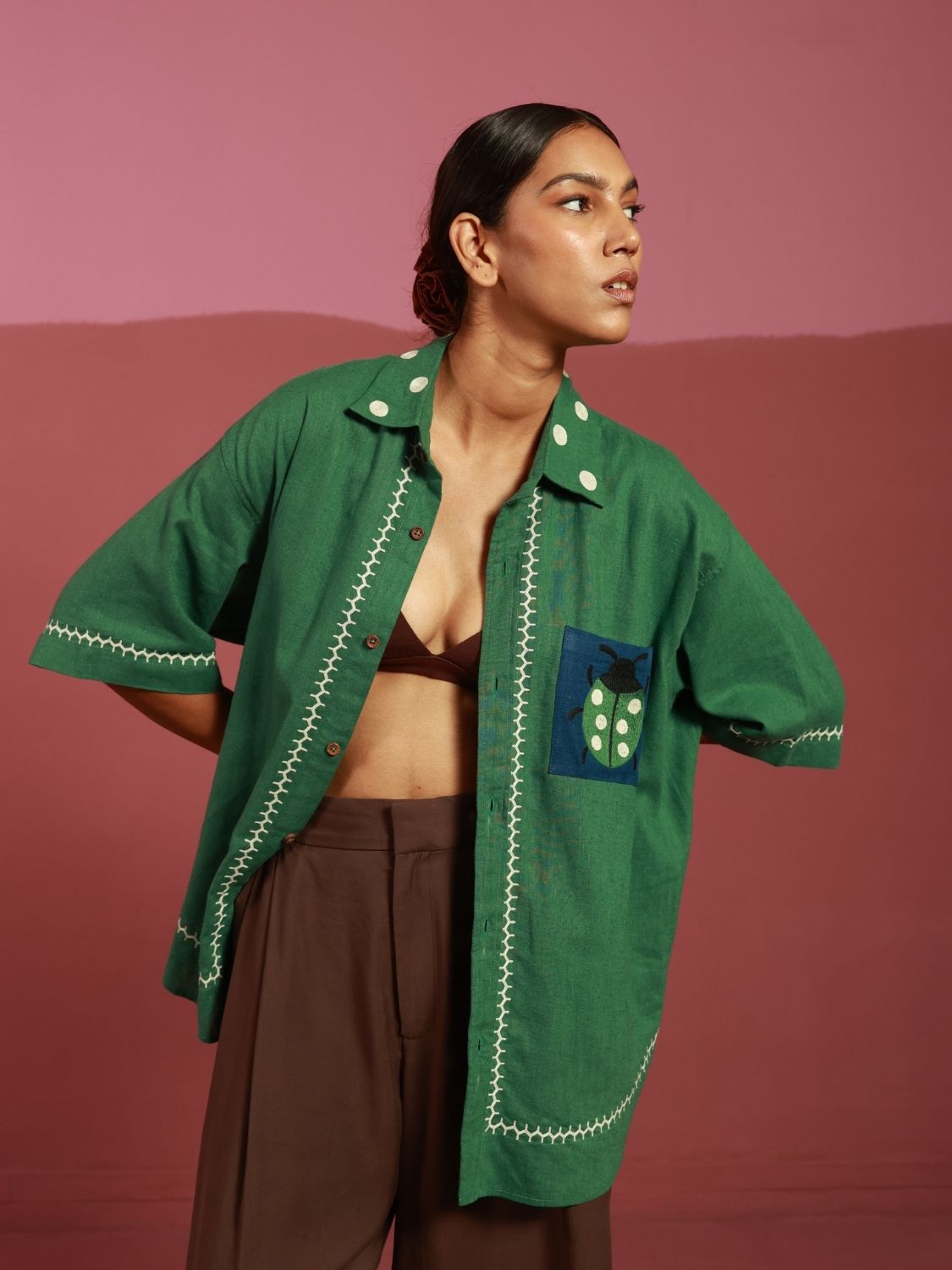 Winglore - Green Hand Embroiderd Pure Linen Ladybug Oversized Shirt - CiceroniUnisex ShirtsWinglore
