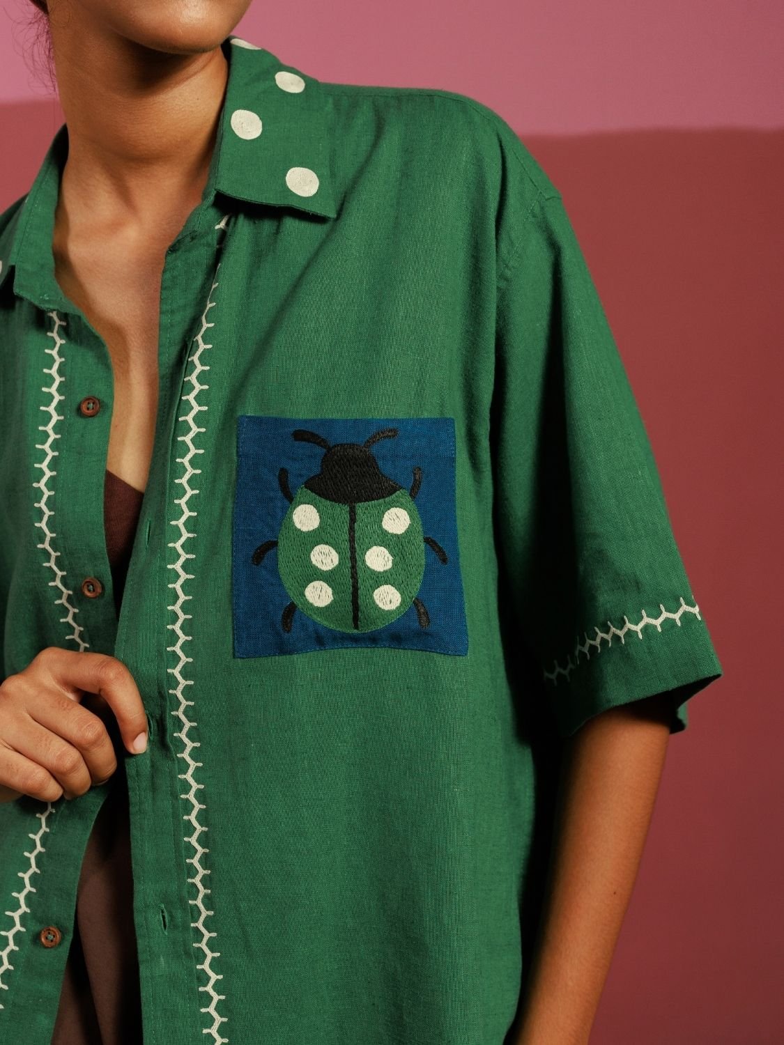 Winglore - Green Hand Embroiderd Pure Linen Ladybug Oversized Shirt - CiceroniUnisex ShirtsWinglore