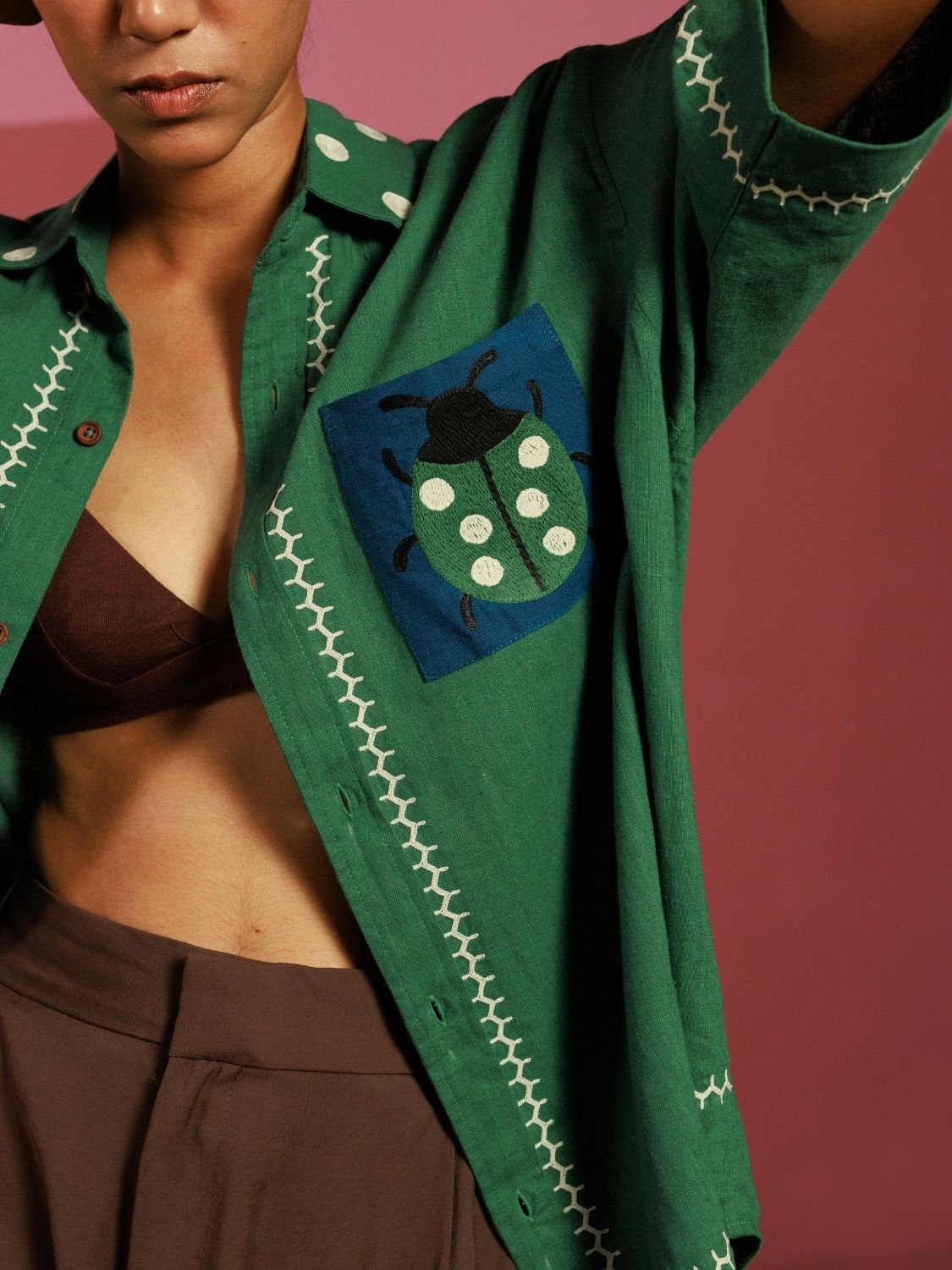 Winglore - Green Hand Embroiderd Pure Linen Ladybug Oversized Shirt - CiceroniUnisex ShirtsWinglore