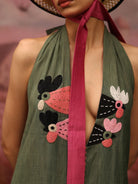 Winglore - Green Hand Embroiderd Slub Cotton Hens Tunic Halter Top - CiceroniTopsWinglore