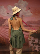 Winglore - Green Hand Embroiderd Slub Cotton Hens Tunic Halter Top - CiceroniTopsWinglore