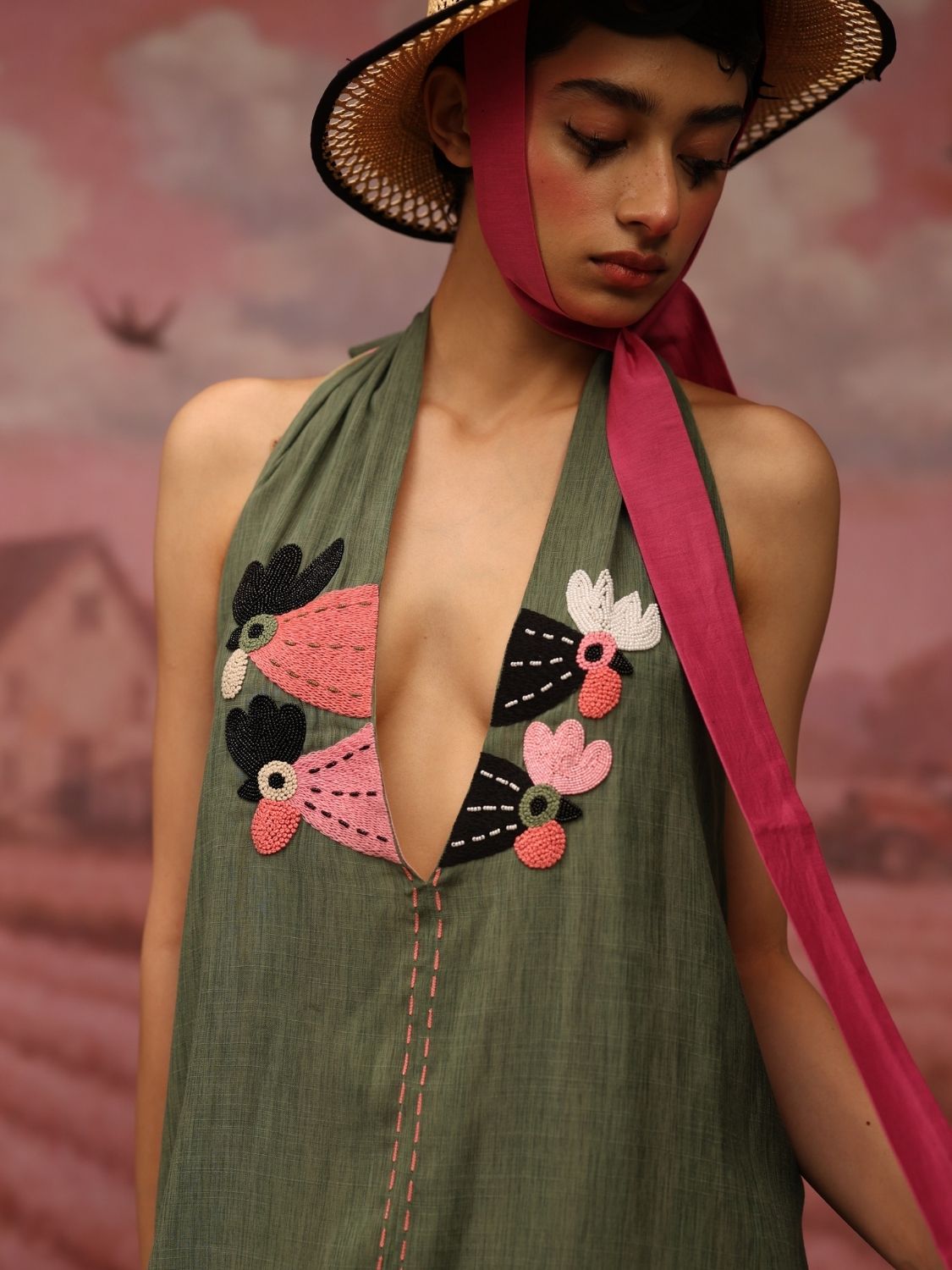 Winglore - Green Hand Embroiderd Slub Cotton Hens Tunic Halter Top - CiceroniTopsWinglore