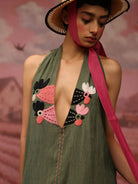 Winglore - Green Hand Embroiderd Slub Cotton Hens Tunic Halter Top - CiceroniTopsWinglore
