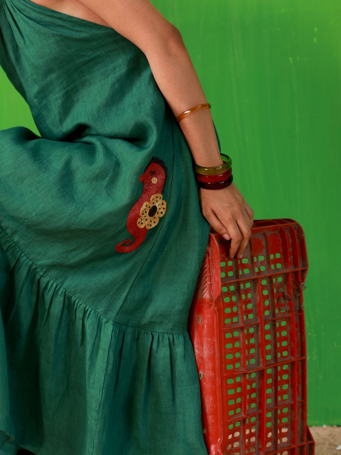 Winglore - Green Linen Hand Embroidered Halter Tent Dress - CiceroniDressesWinglore