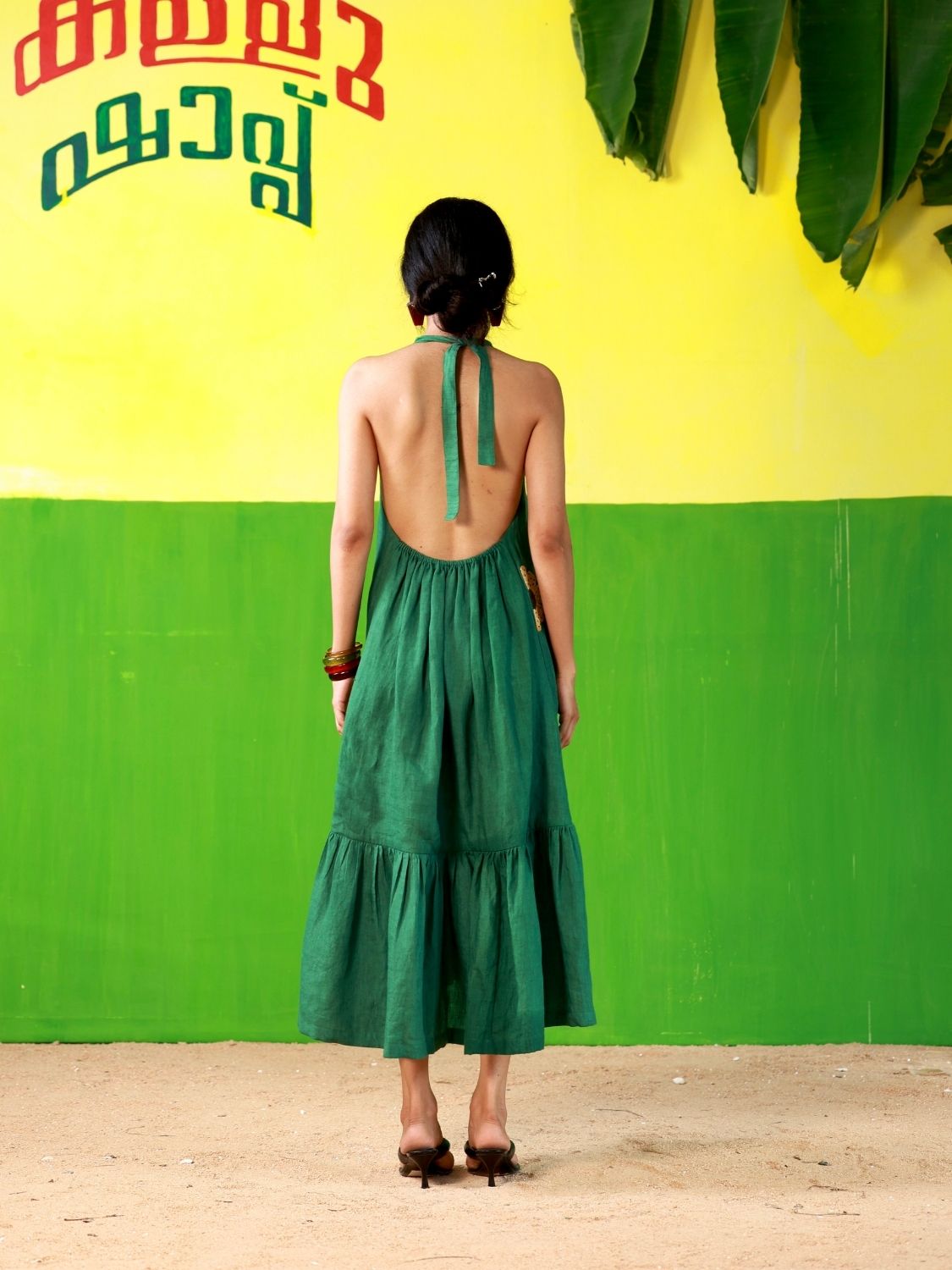 Winglore - Green Linen Hand Embroidered Halter Tent Dress - CiceroniDressesWinglore