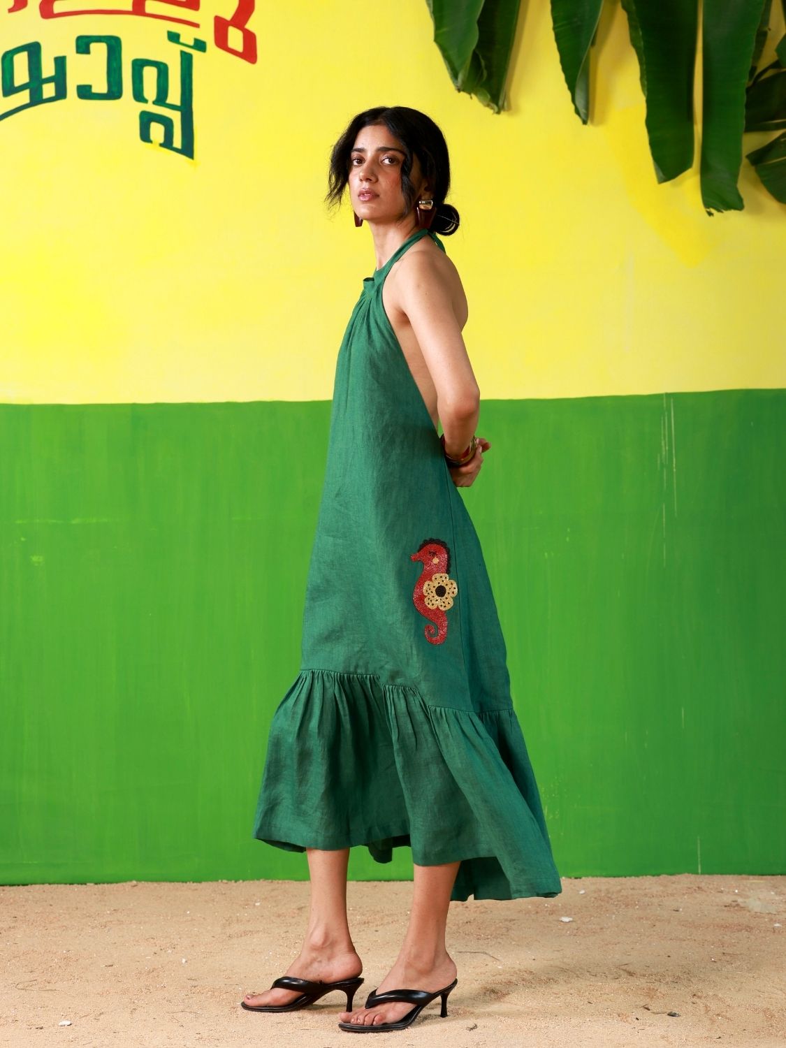 Winglore - Green Linen Hand Embroidered Halter Tent Dress - CiceroniDressesWinglore