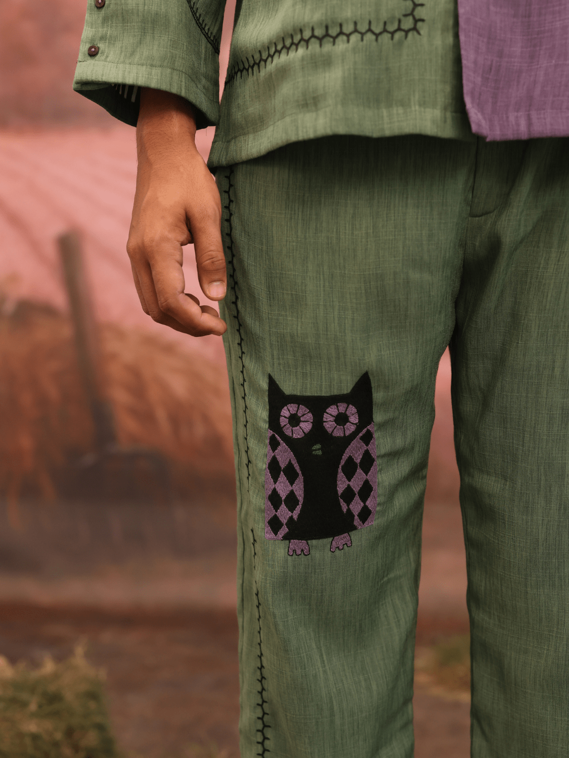 Winglore - Half and half: The Green Edition Owls Hand Embroidered Shirt & Pants - CiceroniCo-ord setWinglore