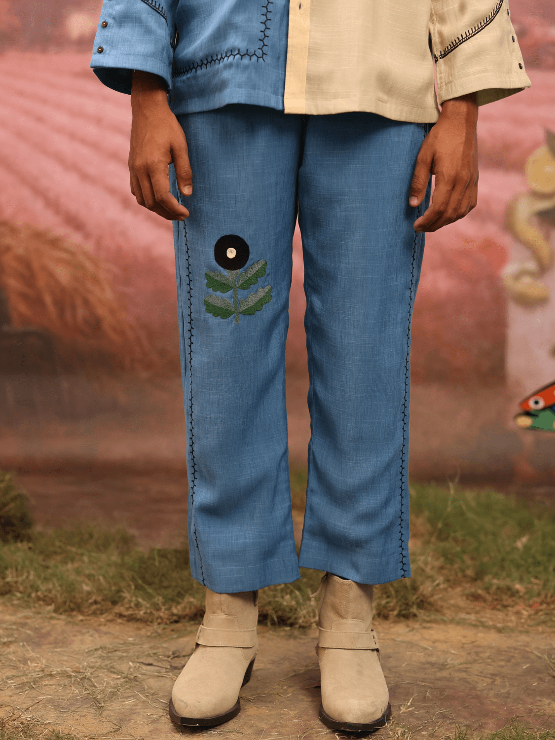 Winglore - Half & half: Blue flower Hand Embroidered Shirt & Pants - CiceroniCo-ord setWinglore