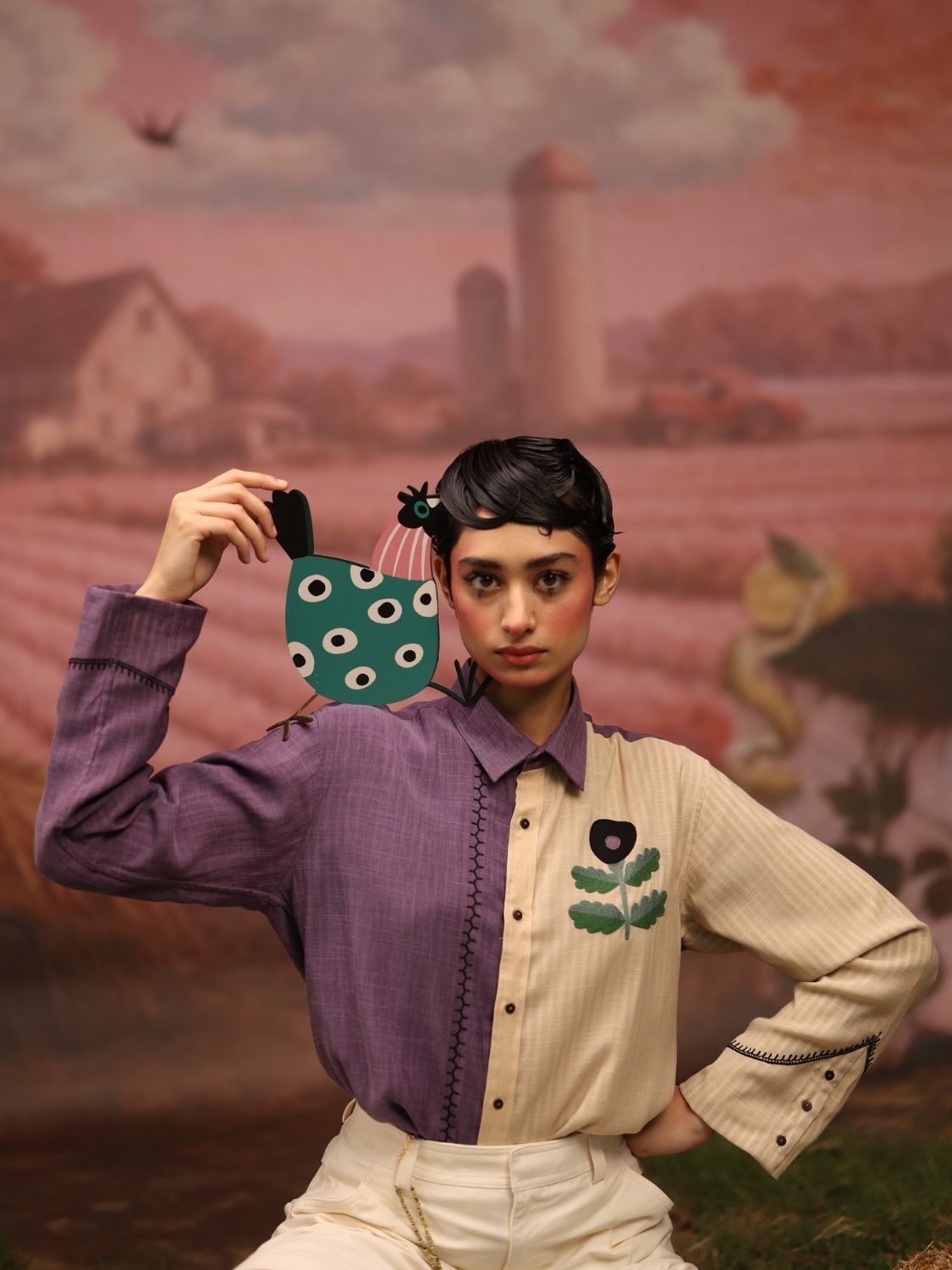 Winglore - Half & Half: Purple flower Hand Embroidered Shirt & Pants - CiceroniCo-ord setWinglore