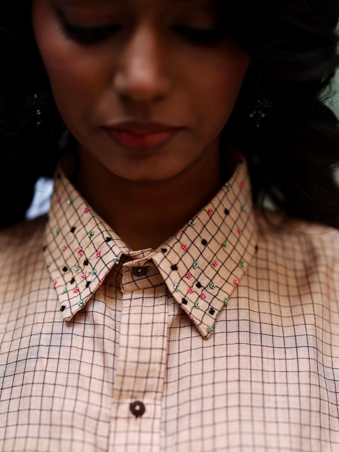 Winglore - Hand Embroiderd Kosa Silk Hooked on Checks Fish Oversized Shirt - CiceroniUnisex ShirtsWinglore