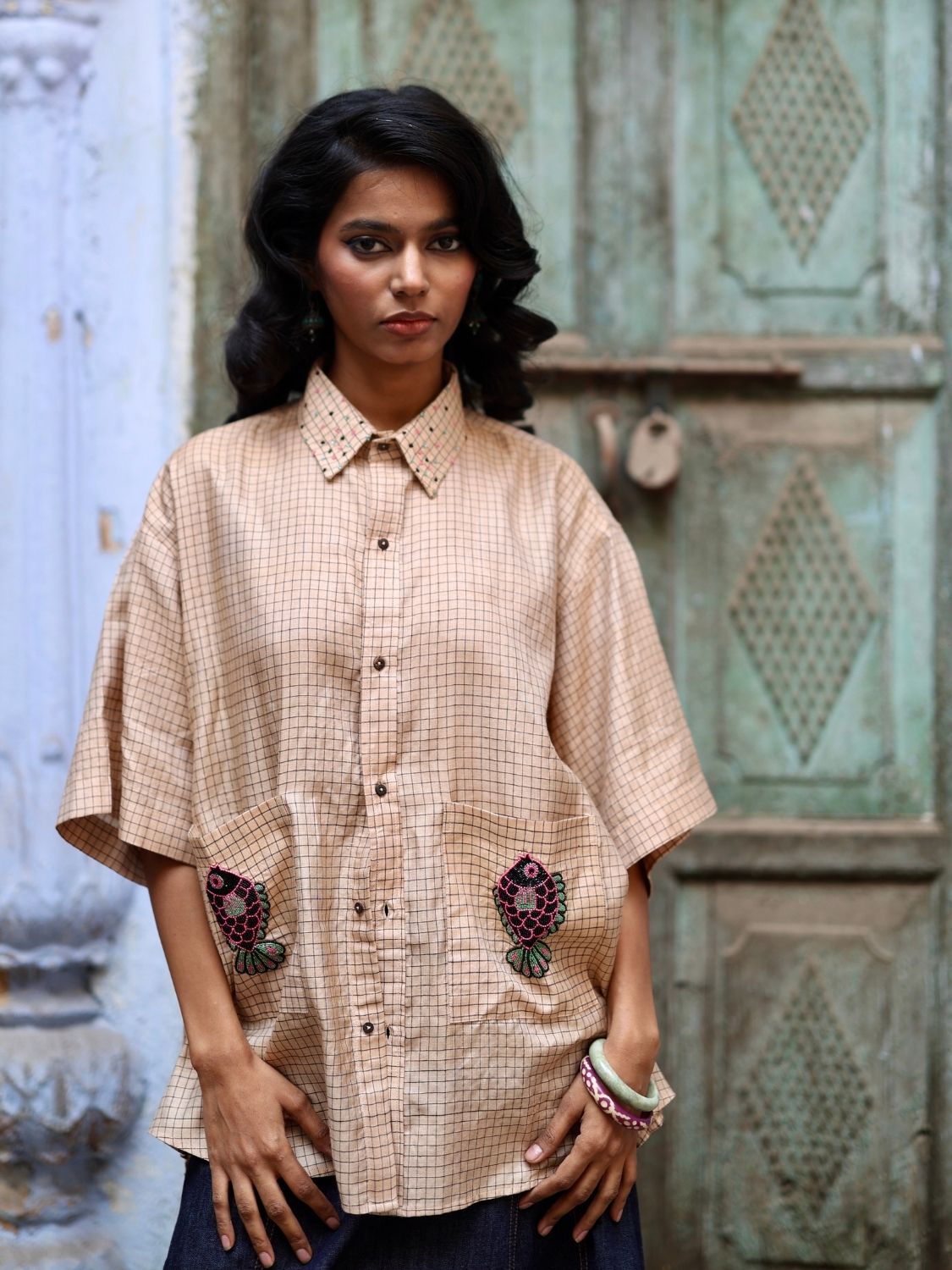 Winglore - Hand Embroiderd Kosa Silk Hooked on Checks Fish Oversized Shirt - CiceroniUnisex ShirtsWinglore