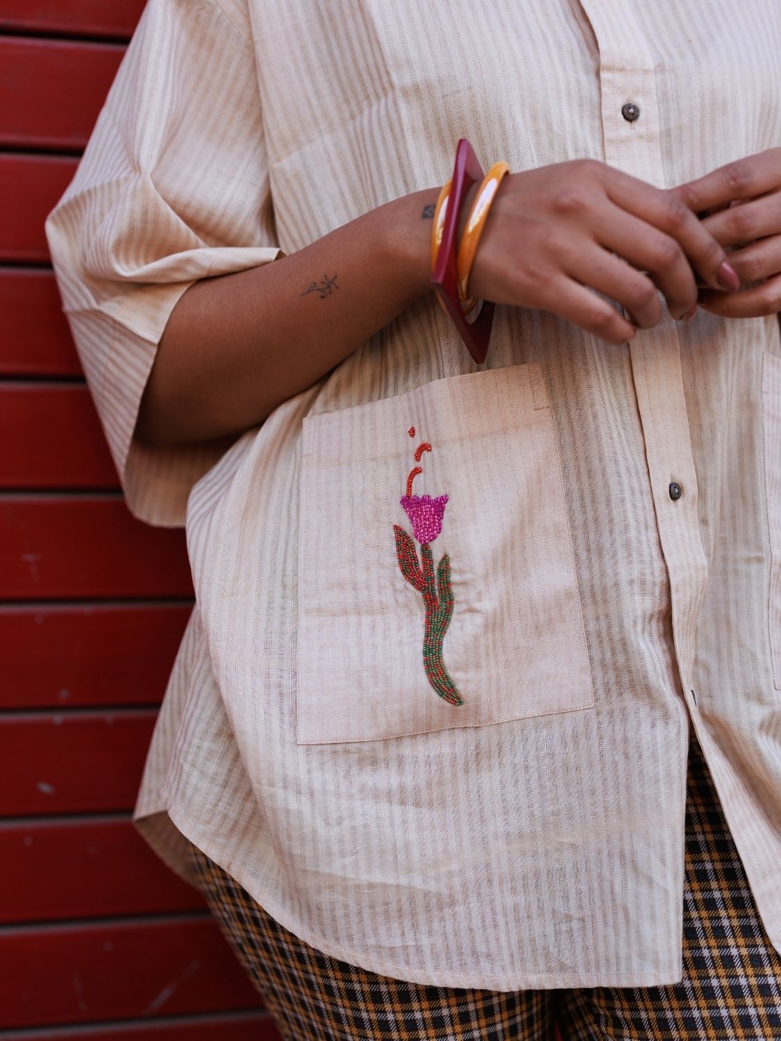 Winglore - Hand Embroiderd Kosa Silk Tulips Oversized Shirt - CiceroniUnisex ShirtsWinglore