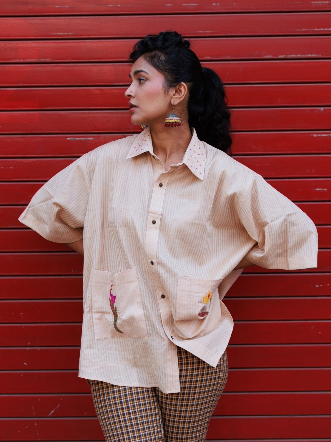 Winglore - Hand Embroiderd Kosa Silk Tulips Oversized Shirt - CiceroniUnisex ShirtsWinglore