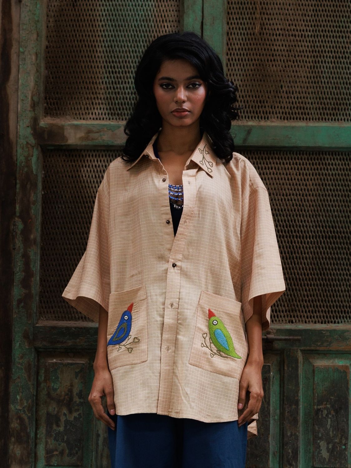 Winglore - Hand Embroiderd Kosa Silk Two-Birds Oversized Shirt - CiceroniUnisex ShirtsWinglore