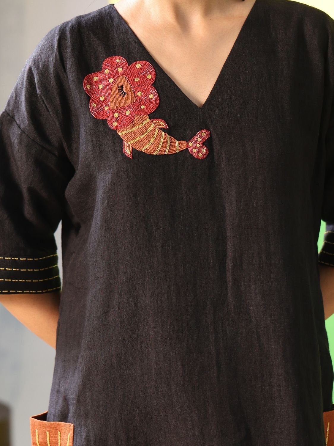 Winglore - Hand Embroidered Black Linen Kaftan Dress - CiceroniDressesWinglore