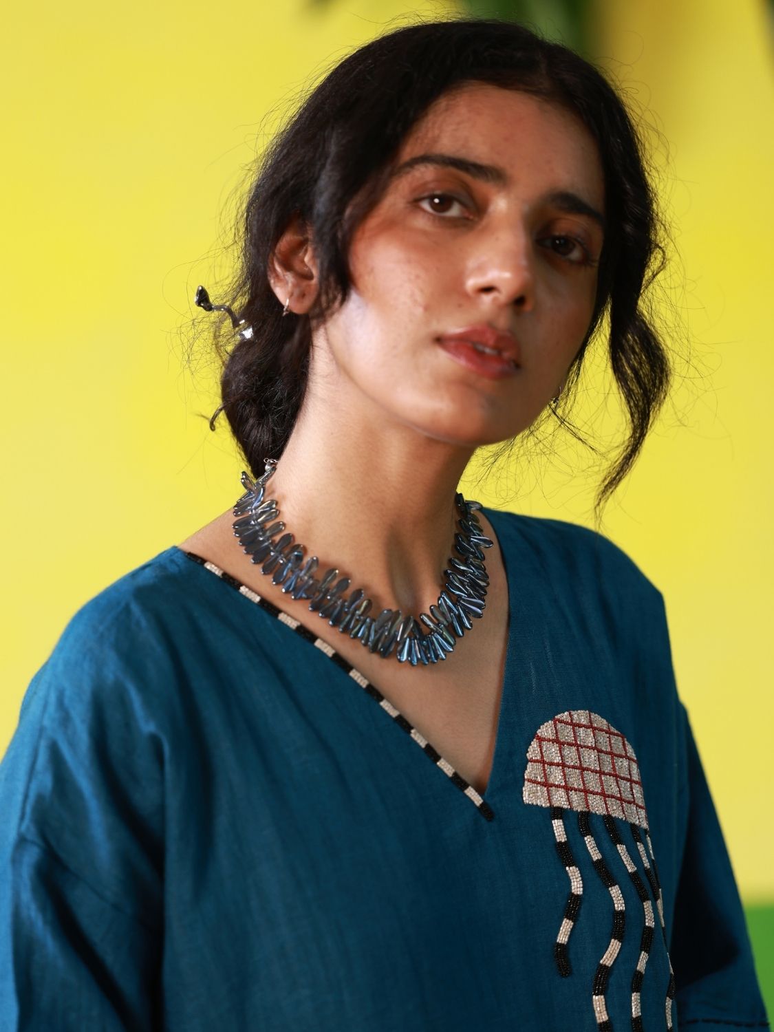 Winglore - Hand Embroidered Blue Linen Kaftan Dress - CiceroniDressesWinglore