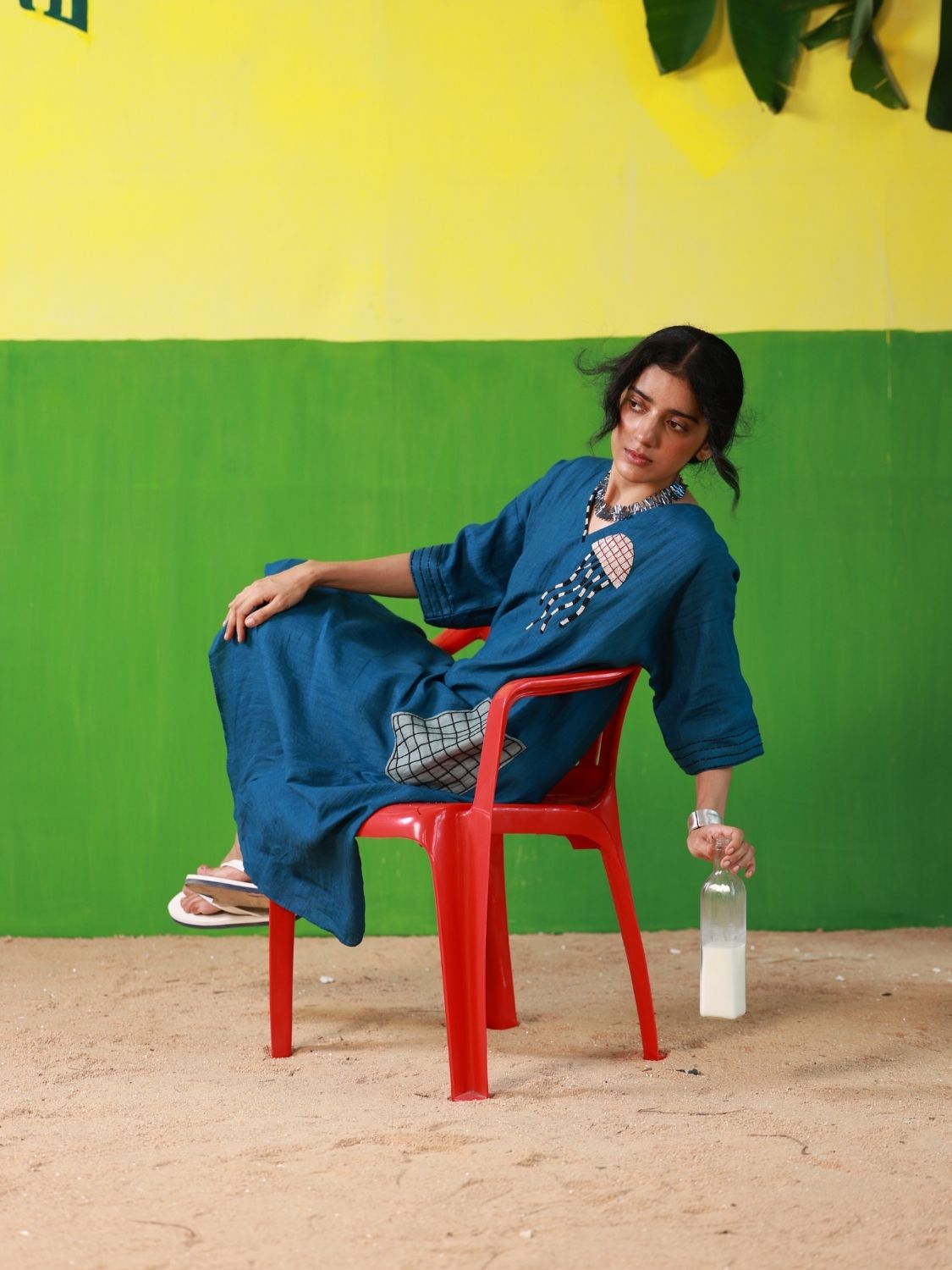 Winglore - Hand Embroidered Blue Linen Kaftan Dress - CiceroniDressesWinglore