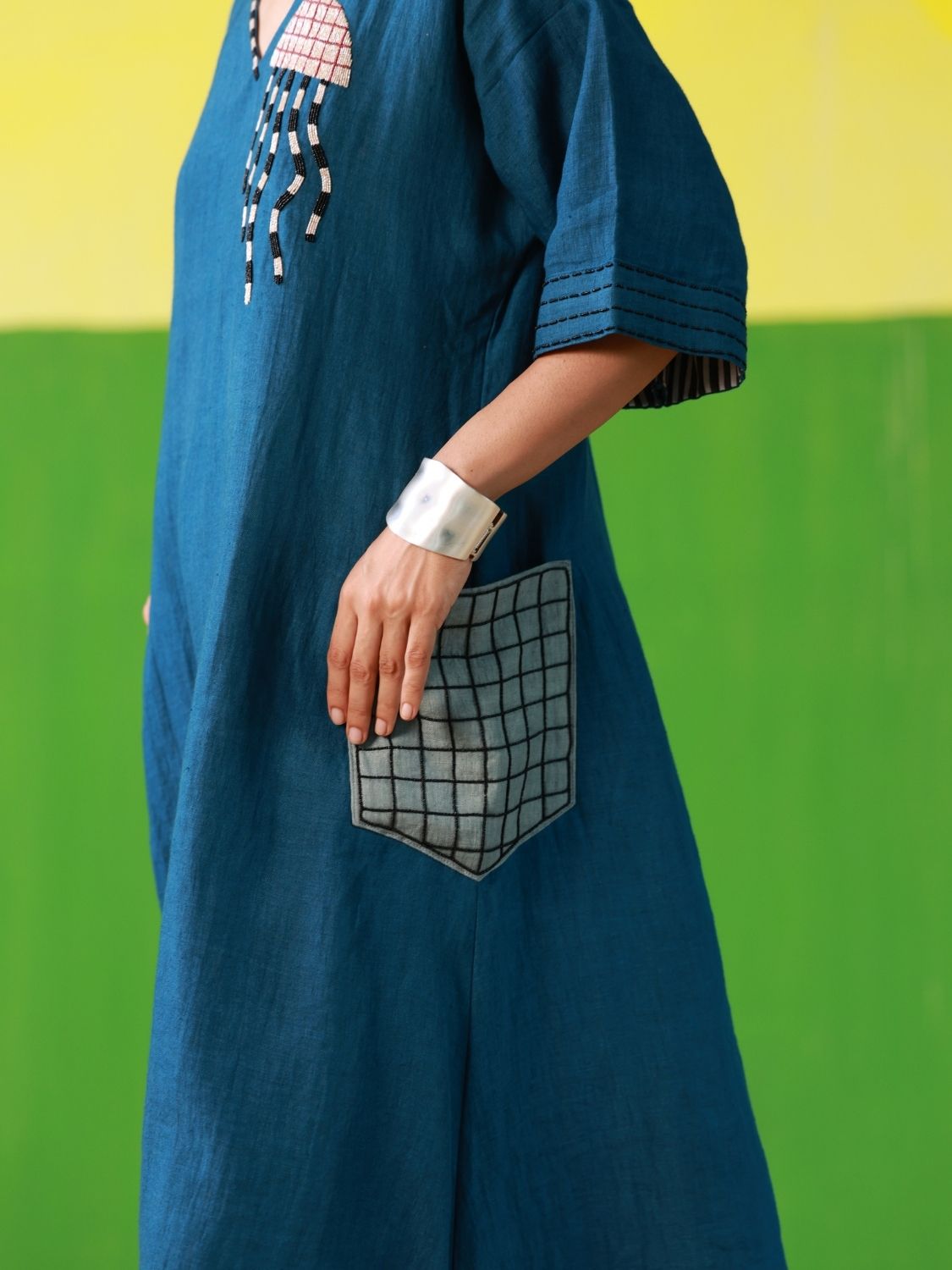 Winglore - Hand Embroidered Blue Linen Kaftan Dress - CiceroniDressesWinglore