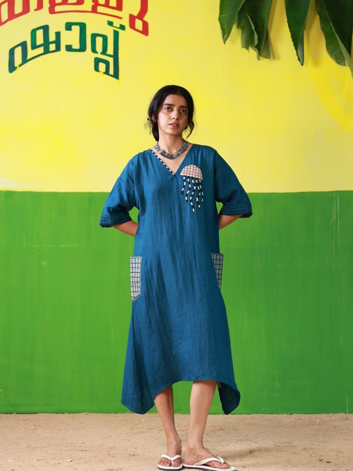 Winglore - Hand Embroidered Blue Linen Kaftan Dress - CiceroniDressesWinglore