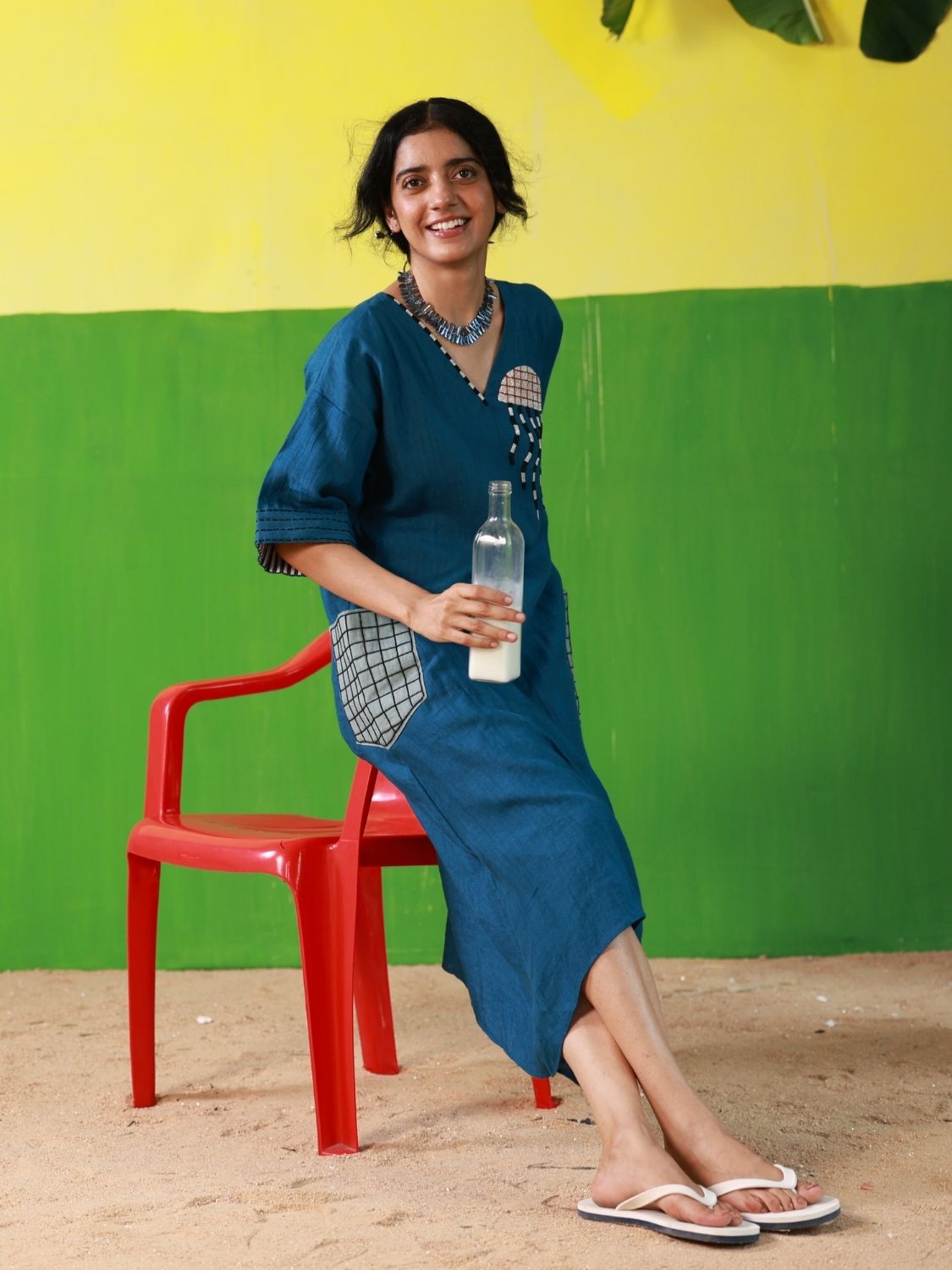 Winglore - Hand Embroidered Blue Linen Kaftan Dress - CiceroniDressesWinglore