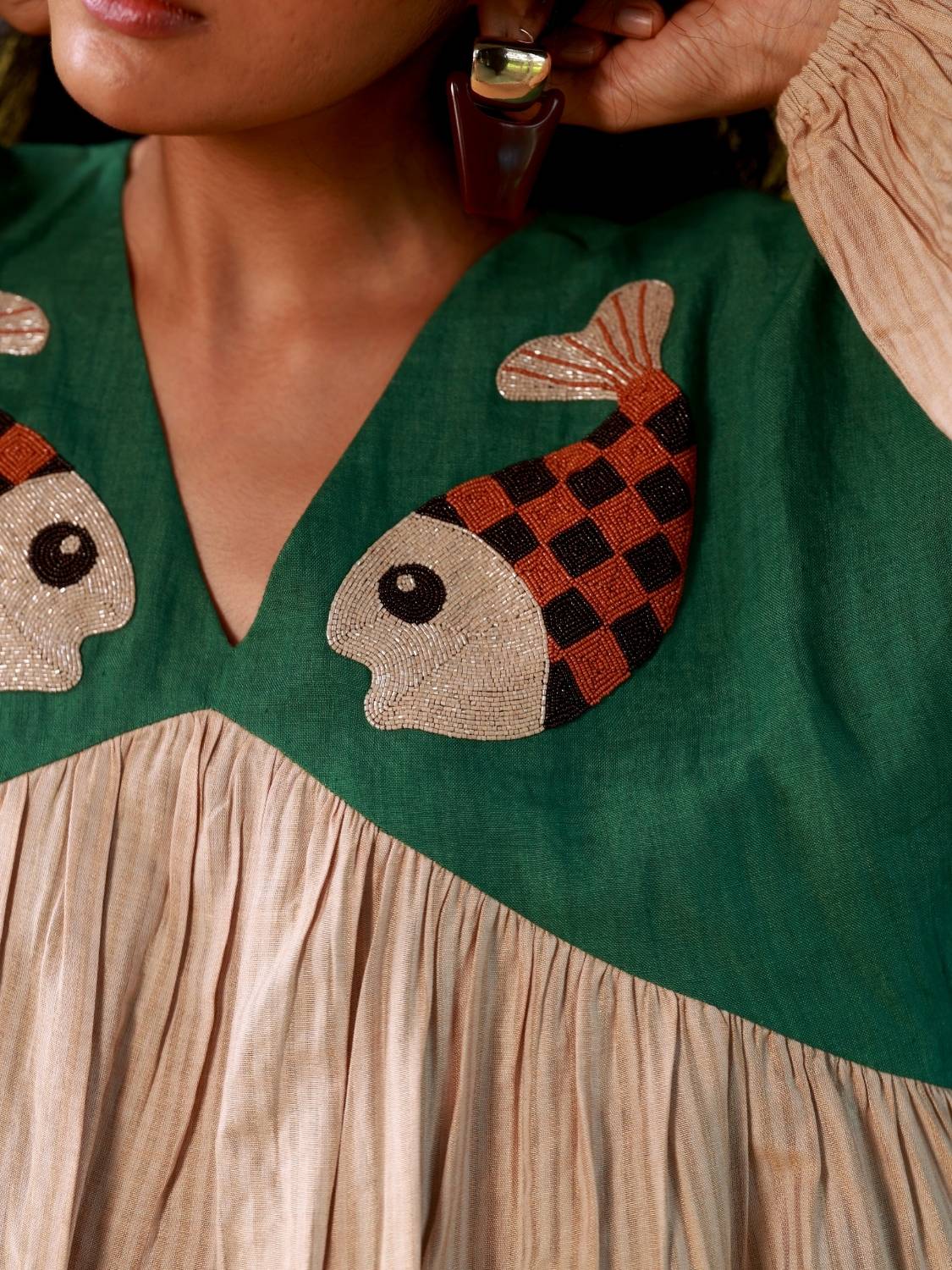 Winglore - Hand Embroidered Checkered Fish V-Neck Dress - CiceroniDressesWinglore