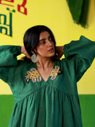 Winglore - Hand Embroidered Green Linen Fish V-Neck Dress - CiceroniDressWinglore