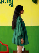 Winglore - Hand Embroidered Green Linen Fish V-Neck Dress - CiceroniDressWinglore