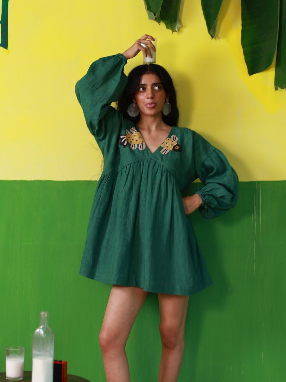 Winglore - Hand Embroidered Green Linen Fish V-Neck Dress - CiceroniDressWinglore