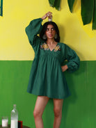 Winglore - Hand Embroidered Green Linen Fish V-Neck Dress - CiceroniDressWinglore