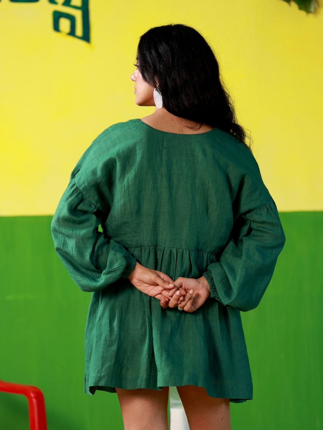 Winglore - Hand Embroidered Green Linen Fish V-Neck Dress - CiceroniDressWinglore