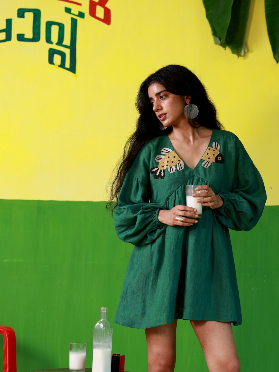 Winglore - Hand Embroidered Green Linen Fish V-Neck Dress - CiceroniDressWinglore