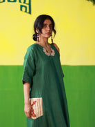 Winglore - Hand Embroidered Green Linen Kaftan Dress - CiceroniDressesWinglore