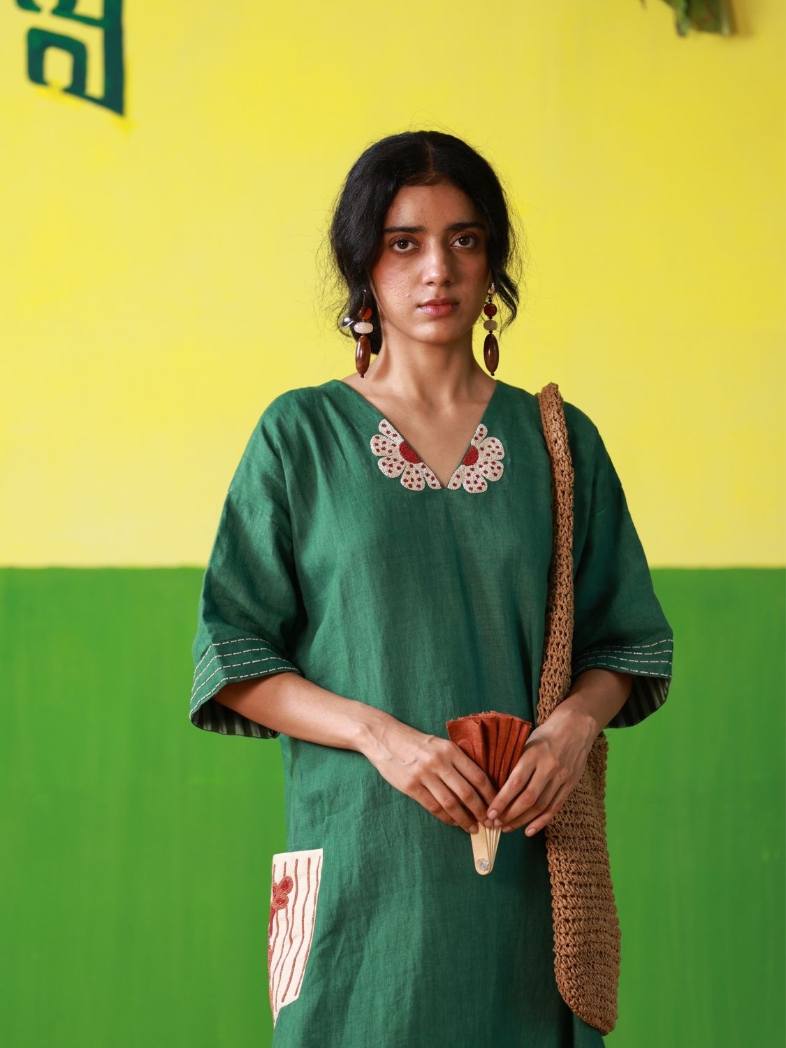 Winglore - Hand Embroidered Green Linen Kaftan Dress - CiceroniDressesWinglore