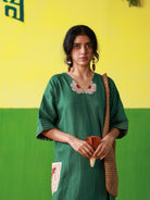Winglore - Hand Embroidered Green Linen Kaftan Dress - CiceroniDressesWinglore