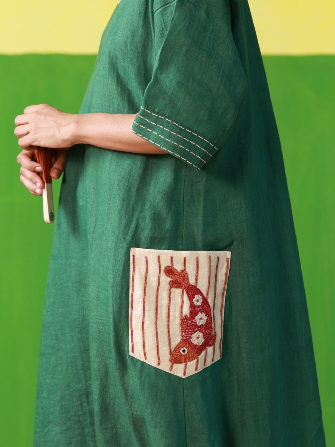 Winglore - Hand Embroidered Green Linen Kaftan Dress - CiceroniDressesWinglore