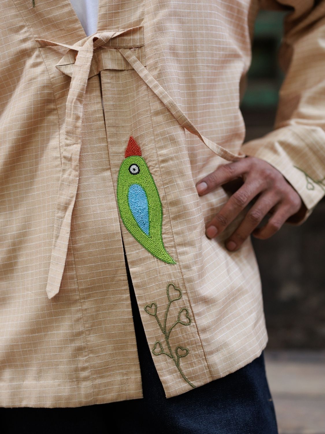 Winglore - Hand Embroidered Kosa Silk Birds Cape in Natural Honey Tone - CiceroniJacketsWinglore
