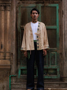 Winglore - Hand Embroidered Kosa Silk Black Poppy Cape in Natural Honey Tone - CiceroniJacketsWinglore