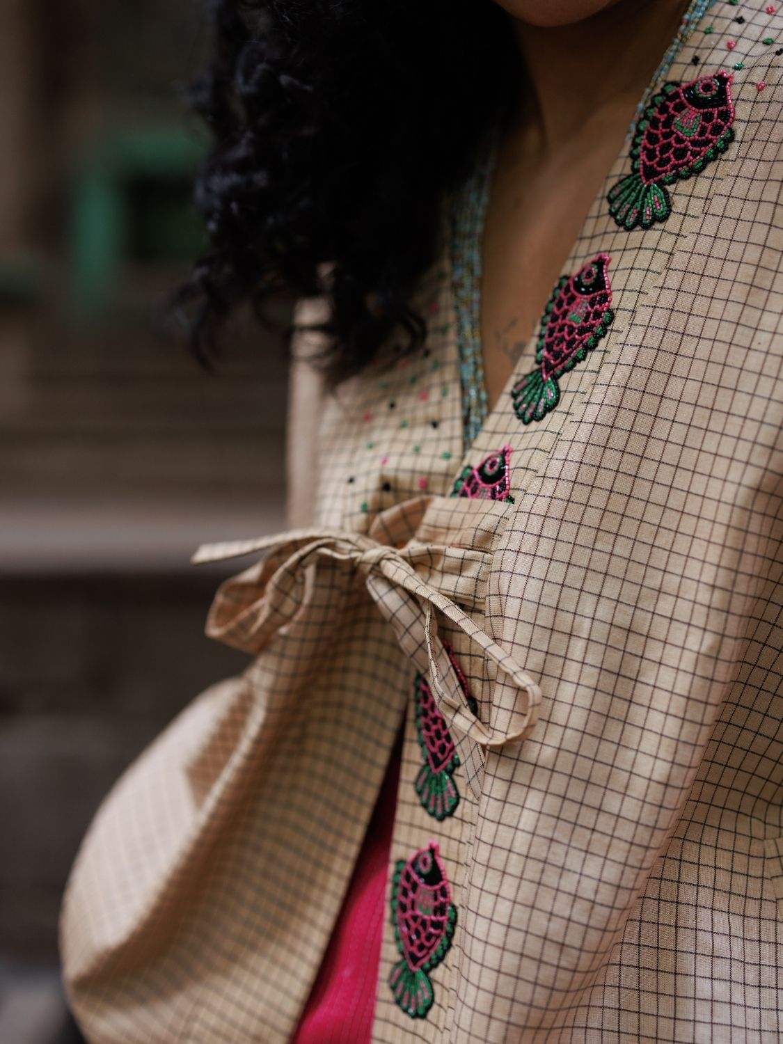 Winglore - Hand Embroidered Kosa Silk Fish Cape in Natural Honey Tone - CiceroniJacketsWinglore