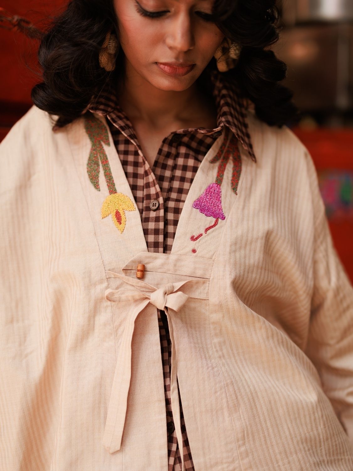 Winglore - Hand Embroidered Kosa Silk Quiet Bloom Cape in Natural Honey Tone - CiceroniJacketsWinglore